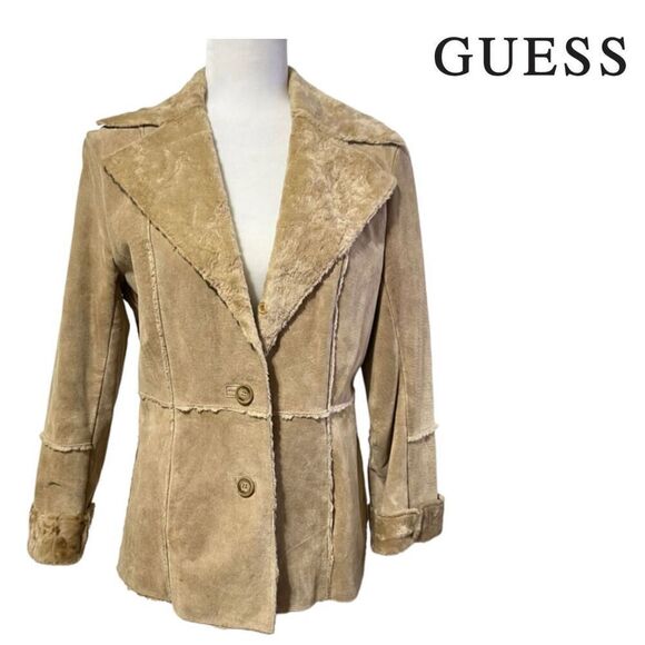 GUESS Leather Suede Jacket Size Small Fur Collar Single Breast - Picture 1 of 12